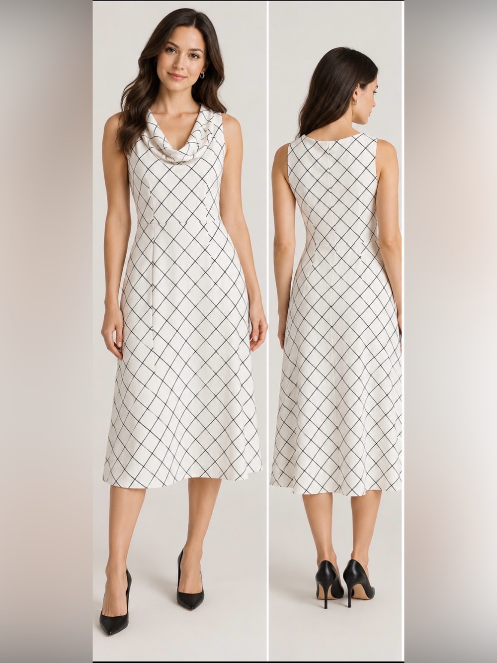 White House Black Market White and Black Grid Cowl Neck Midi Dress